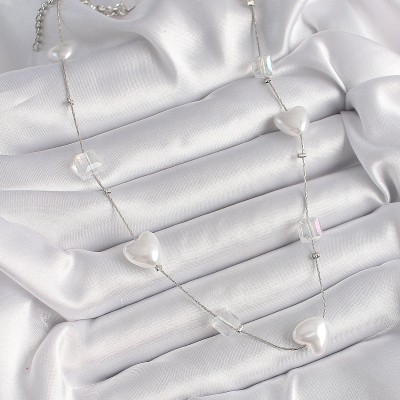 Pirinç Gümüş Renk Beyaz İnci Kalp Model Kadın Kolye