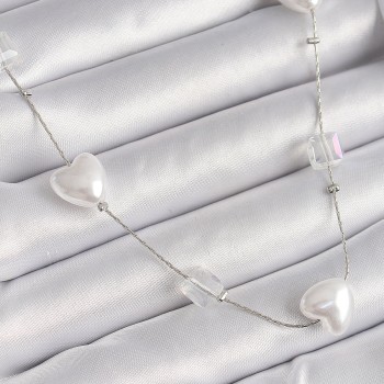 Pirinç Gümüş Renk Beyaz İnci Kalp Model Kadın Kolye