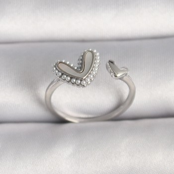 Pirinç Gümüş Renk Beyaz Mineli İnci Detaylı Kalp Model Ayarlanabilir Yüzük