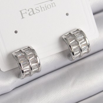 Pirinç Gümüş Renk Çift Sıra Zirkon Taşlı Kadın Küpe