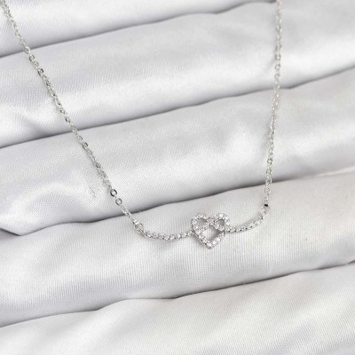 Pirinç Gümüş Renk Düğüm Kalp Model Kadın Kolye