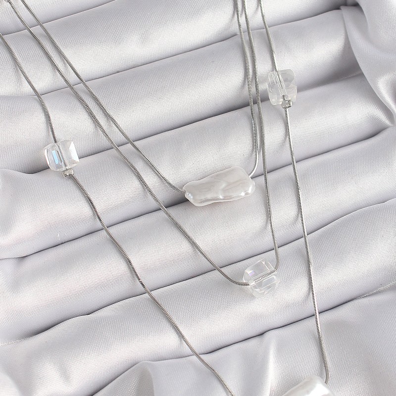 Pirinç Gümüş Renk Ezme İnci Model Çoklu Kadın Kolye