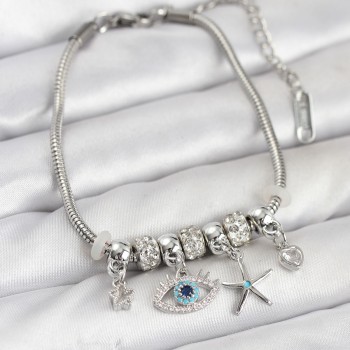 Pirinç Gümüş Renk Göz Model Charmlı Kadın Bileklik