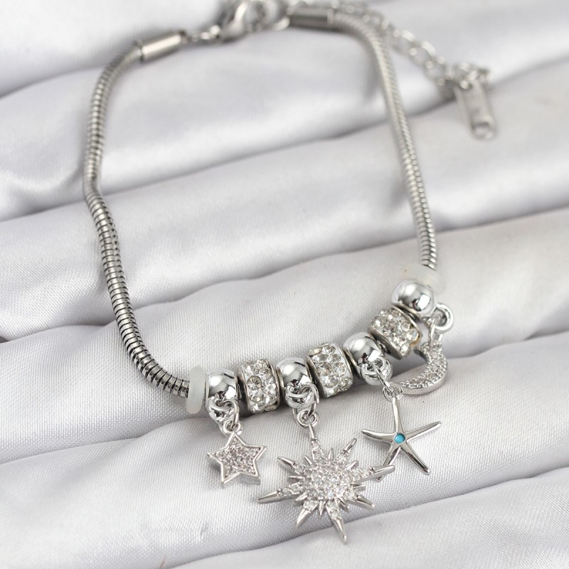 Pirinç Gümüş Renk Güneş Tema Charmlı Kadın Bileklik