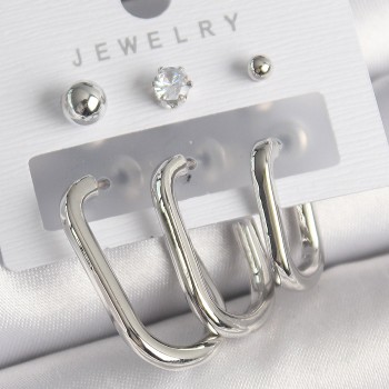 Pirinç Gümüş Renk Halka Model Zirkon Taşlı Topçuk Detay Kadın Küpe Seti