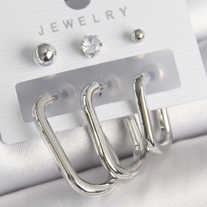 Pirinç Gümüş Renk Halka Model Zirkon Taşlı Topçuk Detay Kadın Küpe Seti