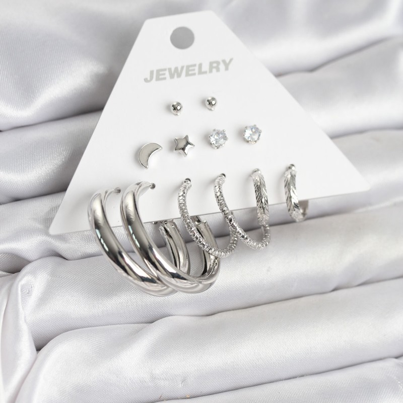 Pirinç Gümüş Renk Halka Modelli 6 Çift Kadın Küpe