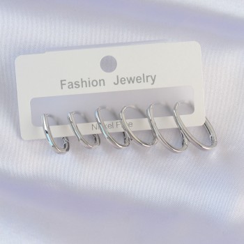 Pirinç Gümüş Renk İnce Oval Küpe Seti