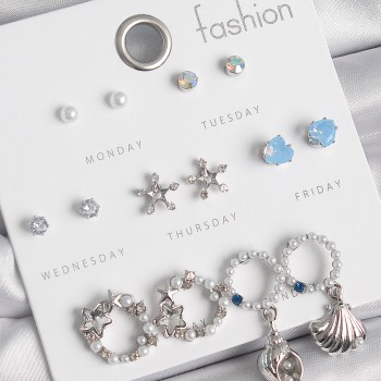 Pirinç Gümüş Renk İncli Zirkon Taşlı Halka Figür Yıldız Detay 7 Çift Kadın Küpe Seti