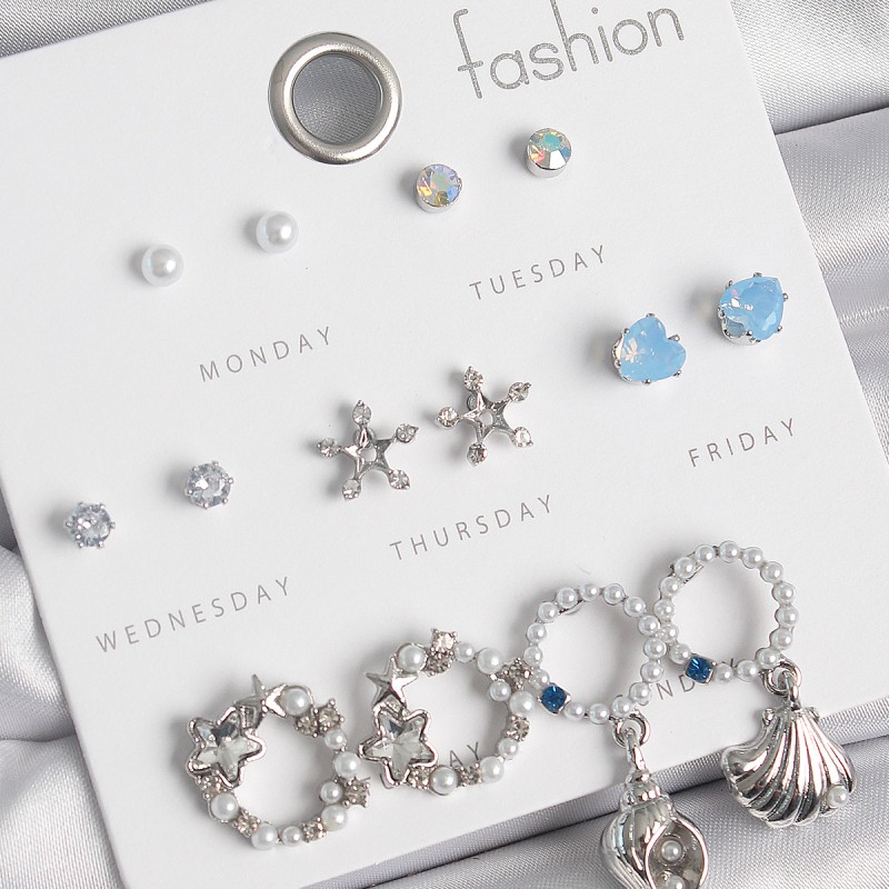 Pirinç Gümüş Renk İncli Zirkon Taşlı Halka Figür Yıldız Detay 7 Çift Kadın Küpe Seti