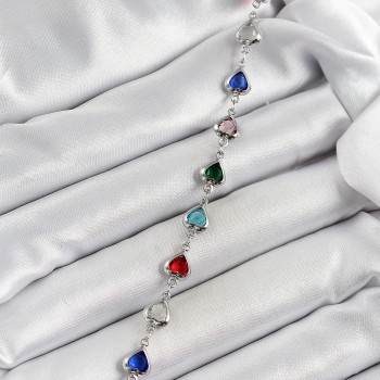 Pirinç Gümüş Renk Karışık Renk Kalp Zirkon Taşlı Kadın Bileklik