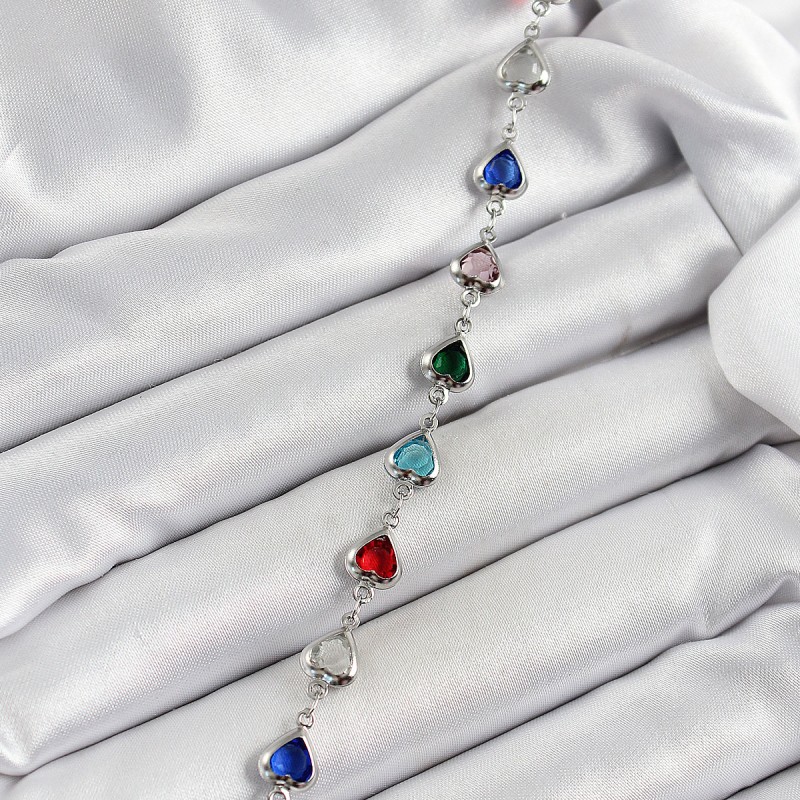 Pirinç Gümüş Renk Karışık Renk Kalp Zirkon Taşlı Kadın Bileklik