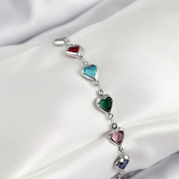 Pirinç Gümüş Renk Karışık Renk Kalp Zirkon Taşlı Kadın Bileklik