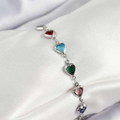 Pirinç Gümüş Renk Karışık Renk Kalp Zirkon Taşlı Kadın Bileklik