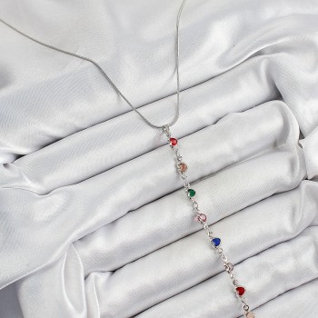 Pirinç Gümüş Renk Karışık Renk Zirkon Taşlı Kalpli Y Kadın Kolye