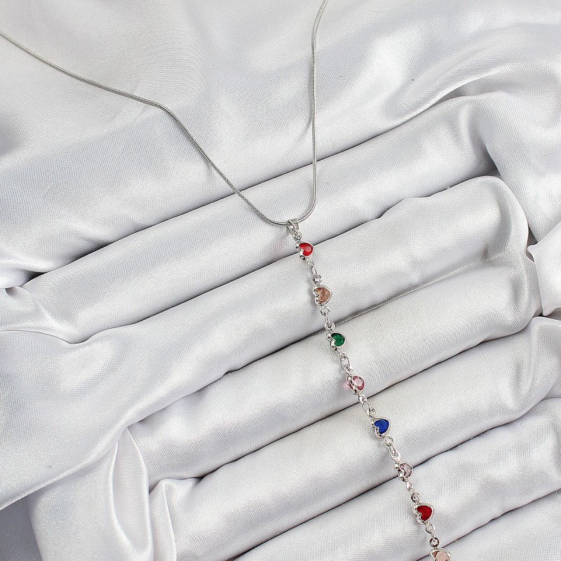 Pirinç Gümüş Renk Karışık Renk Zirkon Taşlı Kalpli Y Kadın Kolye