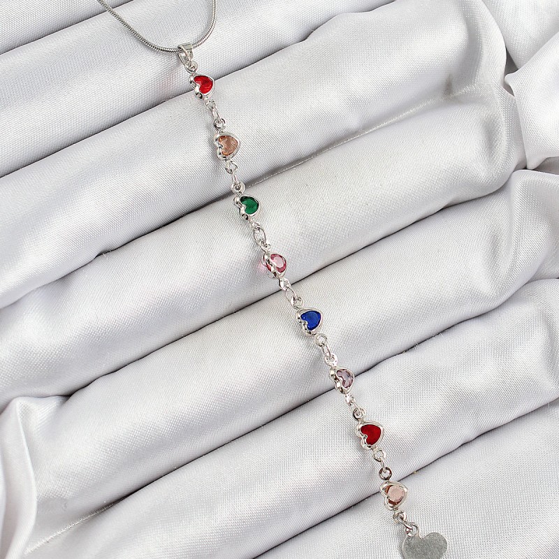 Pirinç Gümüş Renk Karışık Renk Zirkon Taşlı Kalpli Y Kadın Kolye