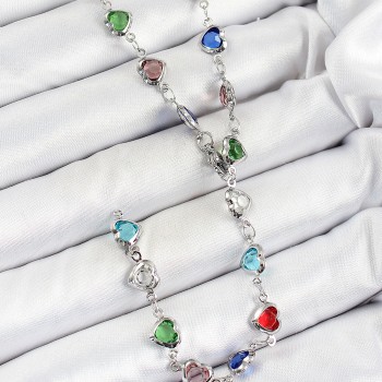 Pirinç Gümüş Renk Karışık Zirkon Taşlı Kalpli Y Kadın Kolye