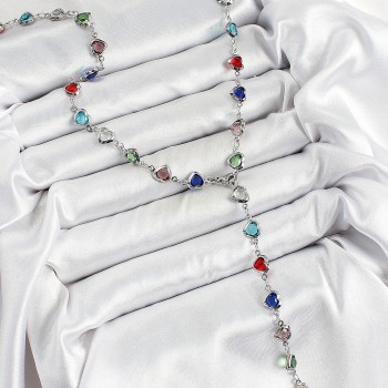 Pirinç Gümüş Renk Karışık Zirkon Taşlı Kalpli Y Kadın Kolye