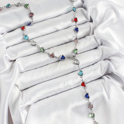 Pirinç Gümüş Renk Karışık Zirkon Taşlı Kalpli Y Kadın Kolye