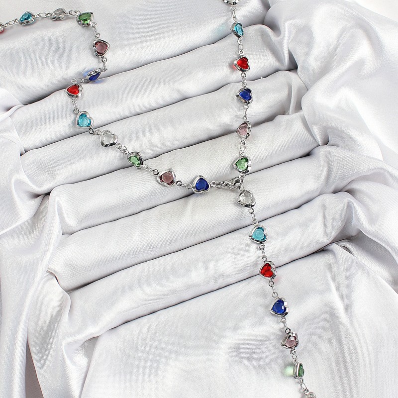 Pirinç Gümüş Renk Karışık Zirkon Taşlı Kalpli Y Kadın Kolye