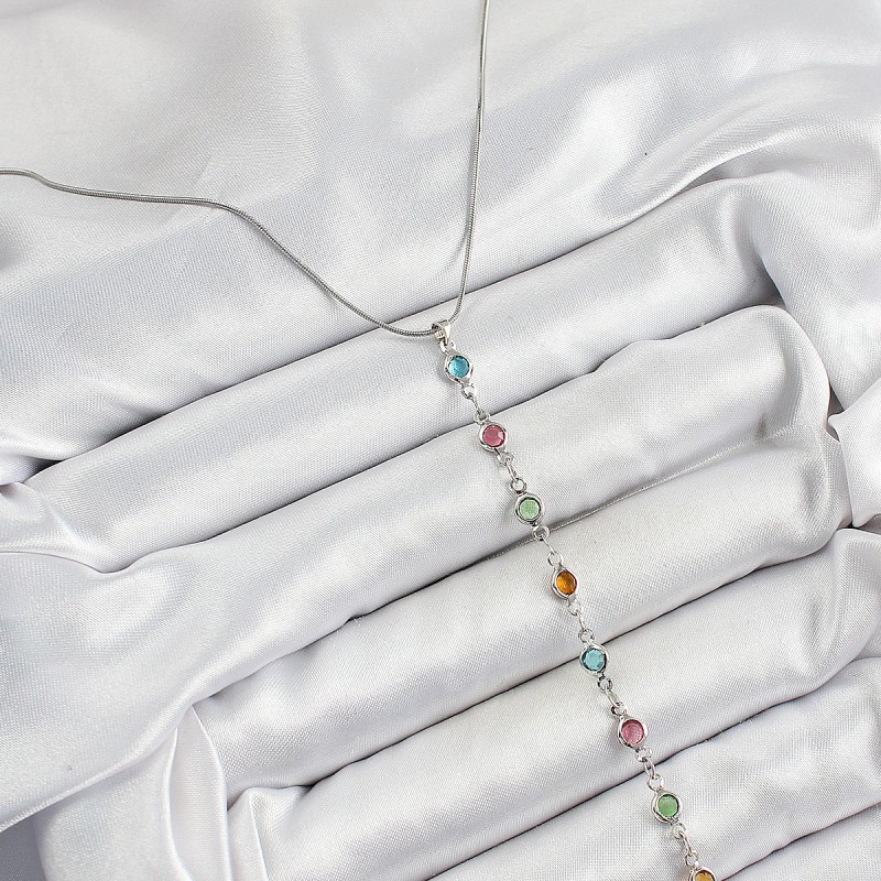 Pirinç Gümüş Renk Karışık Renk Zirkon Taşlı Y Kadın Kolye