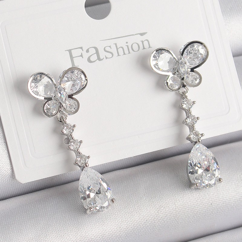Pirinç Gümüş Renk Kelebek Model Sallantı Damla Zirkon Taşlı Kadın Küpe