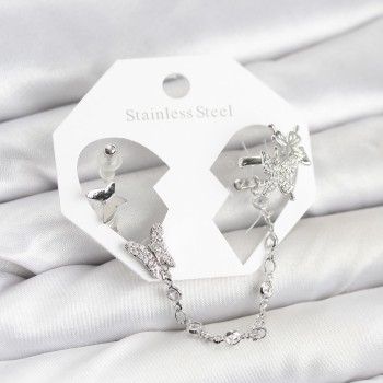 Pirinç Gümüş Renk Kelebek Model Zincir Bağlantılı Ear Cuff Küpe Seti