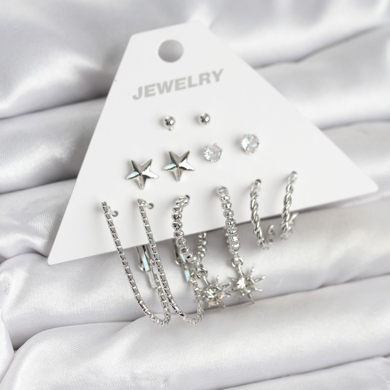 Pirinç Gümüş Renk Küpe Seti 6'lı