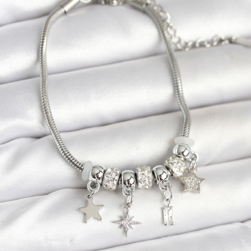 Pirinç Gümüş Renk Kutup Yıldızı Charmlı Kadın Bileklik