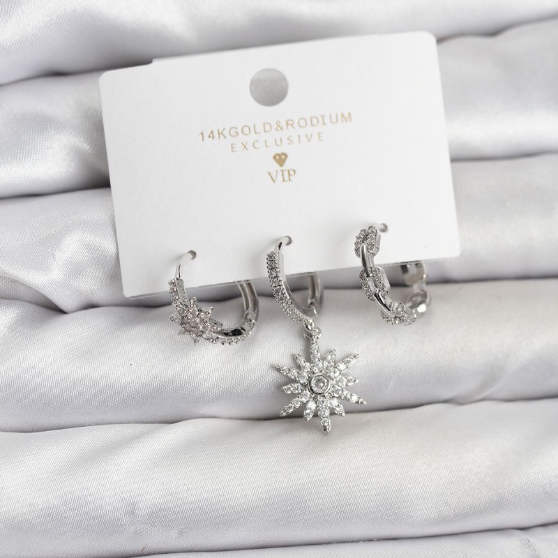 Pirinç Gümüş Renk Kutup Yıldızı Model 3'lü Kadın Küpe Seti