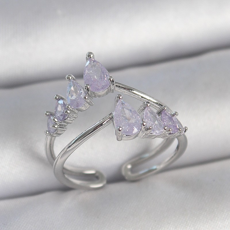 Pirinç Gümüş Renk Mor Damla Zirkon Taşlı Taç Model Kadın Yüzük