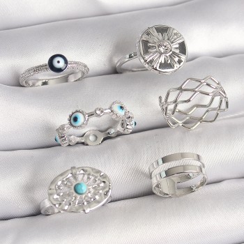 Pirinç Gümüş Renk Nazar Boncuk Zirkon Taş Detaylı Dalga Figür Kadın Yüzük Kombini