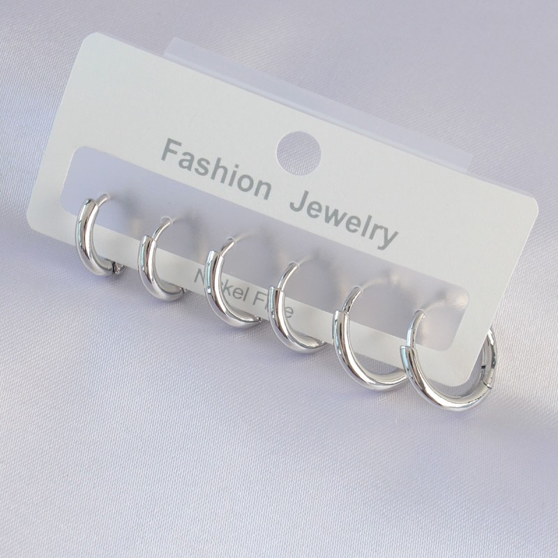 Pirinç Gümüş Renk Oval Küpe Seti