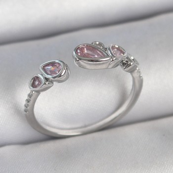 Pirinç Gümüş Renk Pembe Damla Zirkon Taşlı Ayarlanabilir Model Kadın Yüzük