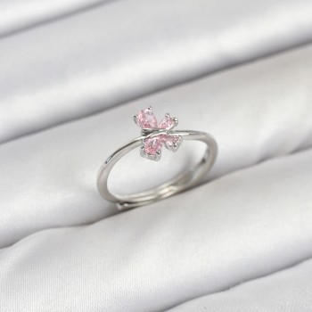 Pirinç Gümüş Renk Pembe Kelebek Kadın Yüzük