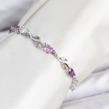 Pirinç Gümüş Renk Pembe ve Mor Zirkon Taşlı Çiçek Model Kadın Bileklik