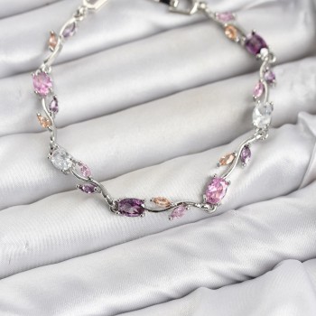 Pirinç Gümüş Renk Pembe ve Mor Zirkon Taşlı Çiçek Model Kadın Bileklik