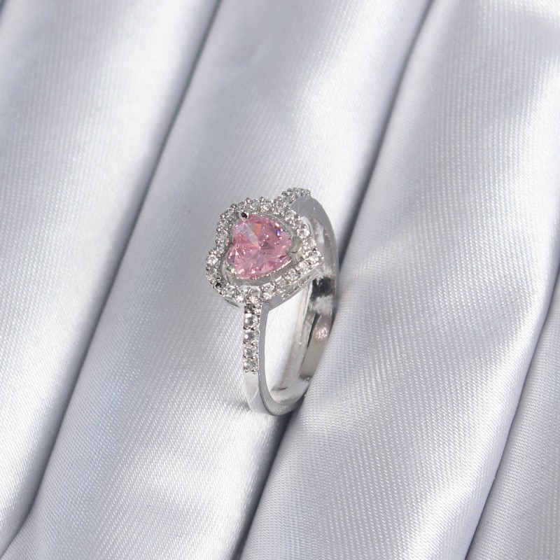 Pirinç Gümüş Renk Pembe Zirkon Taş Kalp Charm Model Kadın Yüzük