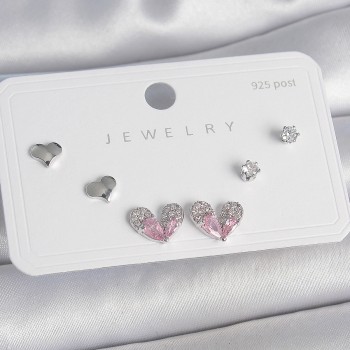 Pirinç Gümüş Renk Pembe Zirkon Taşlı Kalp Model 925 Ayar Çivi Kadın Küpe Seti