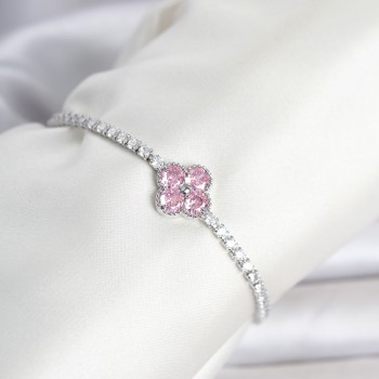 Pirinç Gümüş Renk Pembe Zirkon Taşlı Yonca Model Su Yolu Kadın Bileklik