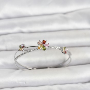 Pirinç Gümüş Renk Renkli Çiçek Model Kadın Bileklik