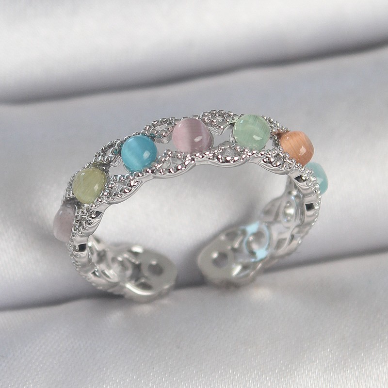 Pirinç Gümüş Renk Renkli Mineli Ayarlanabilir Kadın Yüzük