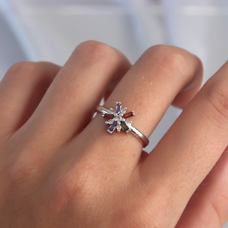 Pirinç Gümüş Renk Renkli Zirkon Taşlı Ayarlamalı Yüzük