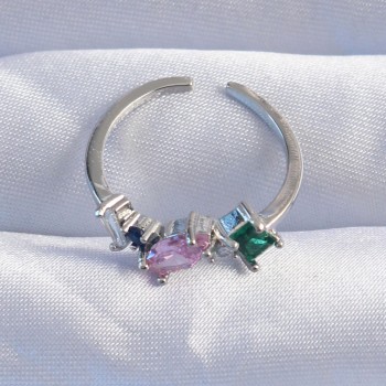 Pirinç Gümüş Renk Renkli Zirkon Taşlı Ayarlanabilir Yüzük