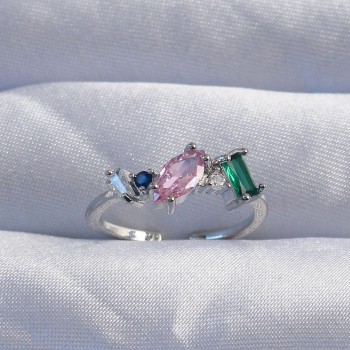 Pirinç Gümüş Renk Renkli Zirkon Taşlı Ayarlanabilir Yüzük