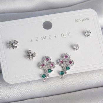 Pirinç Gümüş Renk Renkli Zirkon Taşlı Çiçek Model Yaprak Detay 925 Ayar Çivi Kadın Küpe Seti