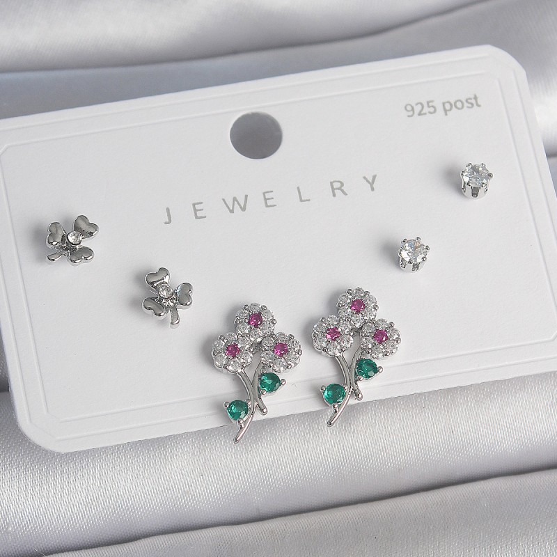 Pirinç Gümüş Renk Renkli Zirkon Taşlı Çiçek Model Yaprak Detay 925 Ayar Çivi Kadın Küpe Seti
