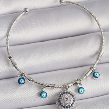 Pirinç Gümüş Renk Sallantı Zirkon Taşlı Nazar Boncuk Figür Charm Bileklik