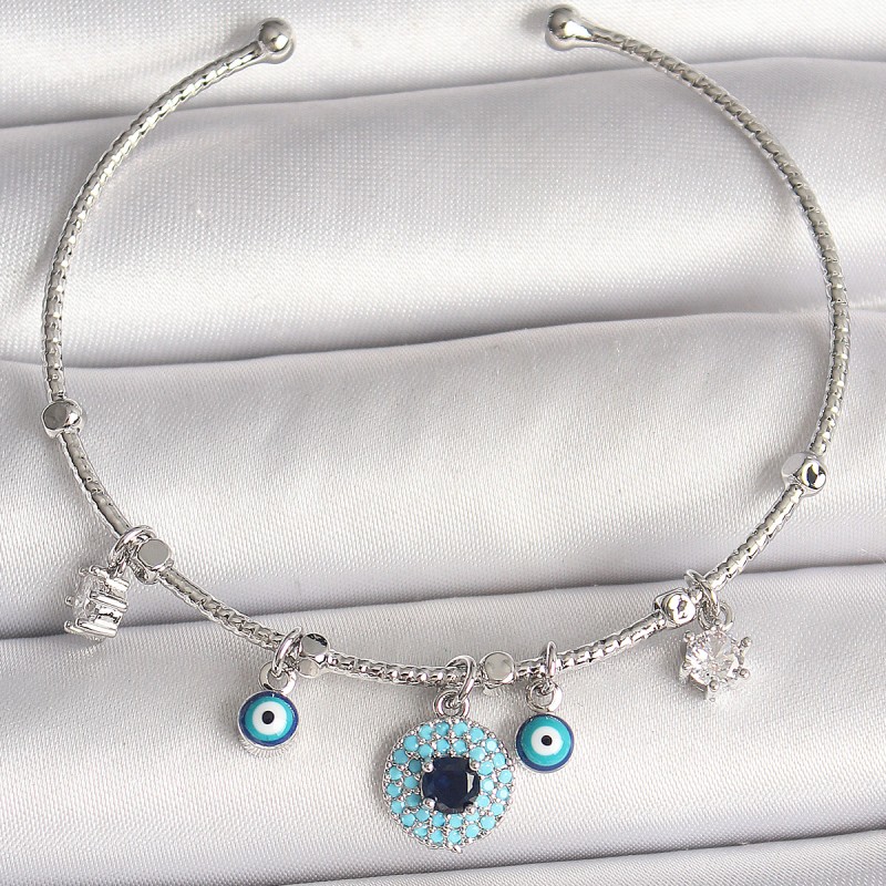 Pirinç Gümüş Renk Sallantı Zirkon Taşlı Nazar Boncuk Figür Charm Kadın Bileklik